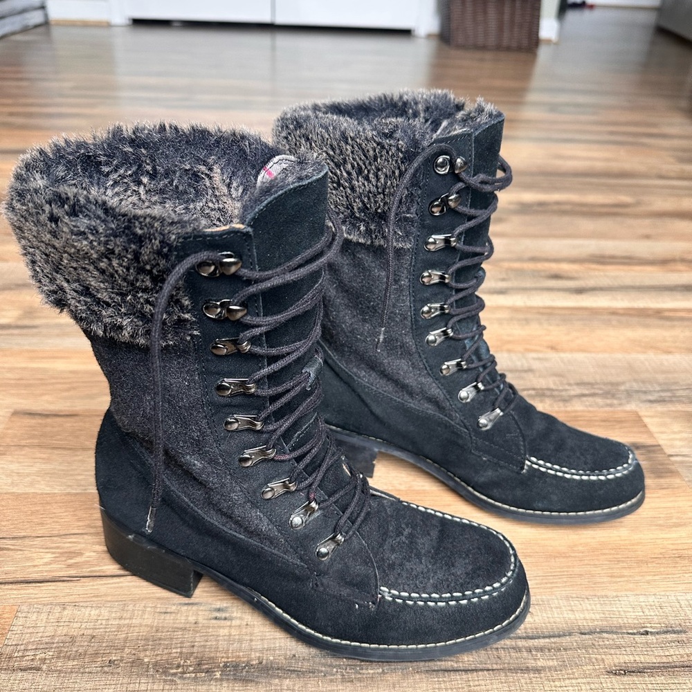 Lands' End Women’s Black Suede and Faux Fur Lace-Up Boots Size 8.5 - Picture 6 of 11